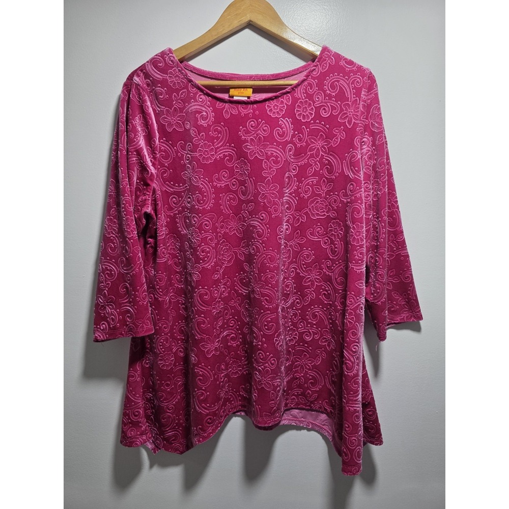 Ruby Rd Petite Women's Blouse Tunic Top Pink Velvet Embossed Floral Size PXL